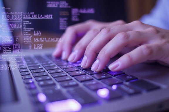 Des mains travaillant sur un clavier d'ordinateur avec des chiffres flottants.