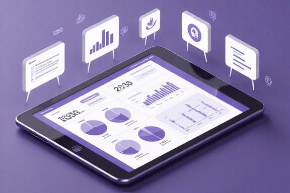Tablette affichant des graphiques financiers avec des icônes de NLP et d'automatisation.