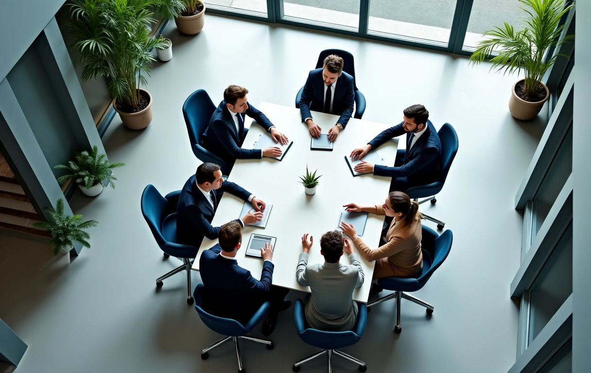 Une vue aérienne d'un bureau moderne et lumineux avec des personnes collaborant autour d'une grande table, symbolisant la disponibilité et l'ouverture.