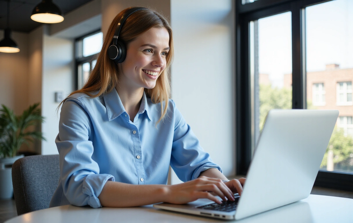 Une personne souriante utilisant un ordinateur portable dans un bureau moderne, symbolisant la communication et le support client.