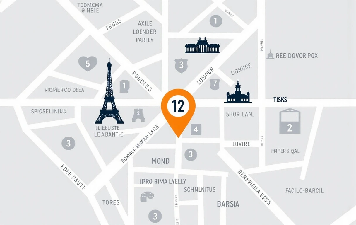 Une carte stylisée de Paris avec un marqueur lumineux sur le 12 Rue de la Paix, entourée de points d'intérêt emblématiques, symbolisant notre emplacement central.