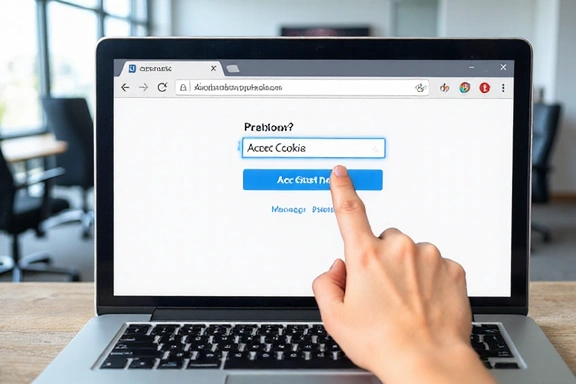 Illustration of a hand clicking a cookie consent button on a laptop screen