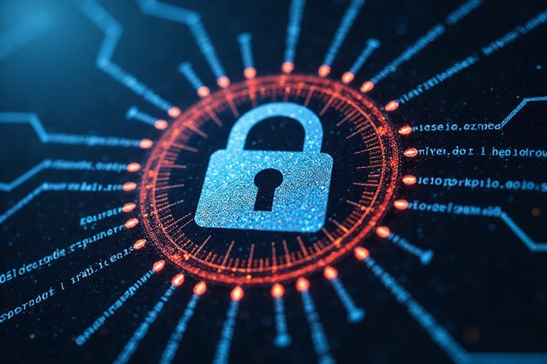 Cadenas numérique avec des anneaux de sécurité et des lignes de code lumineux, symbolisant la protection avancée des données et la cybersécurité.