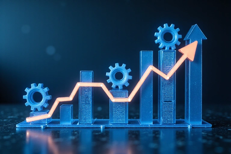 Graphique financier avec des flèches montantes et des icônes d'engrenages, symbolisant l'automatisation et l'efficacité dans un contexte d'entreprise moderne.