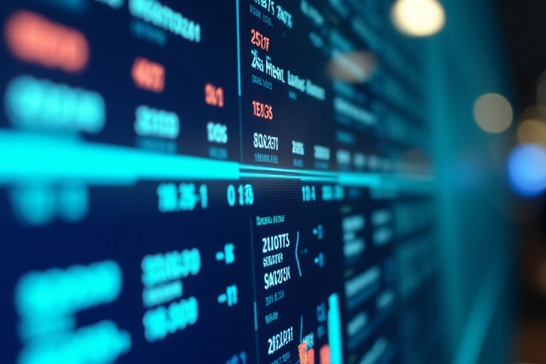 Gros plan sur un ordinateur affichant des données financières avec des éléments d'intelligence artificielle et de traitement du langage naturel symbolisés par des icônes abstraites flottantes, dans un environnement de bureau moderne.