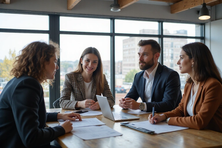 Un groupe diversifié de professionnels travaillant ensemble dans un bureau moderne et lumineux, symbolisant la collaboration et l'efficacité des équipes de différentes tailles.