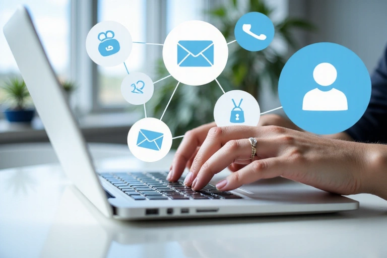 Une personne tapant sur un ordinateur portable, avec des icônes de contact (téléphone, email, chat) flottant autour, symbolisant le processus de démarrage simple et le support client.